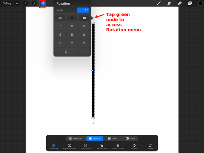 Tap green node to access Rotation menu