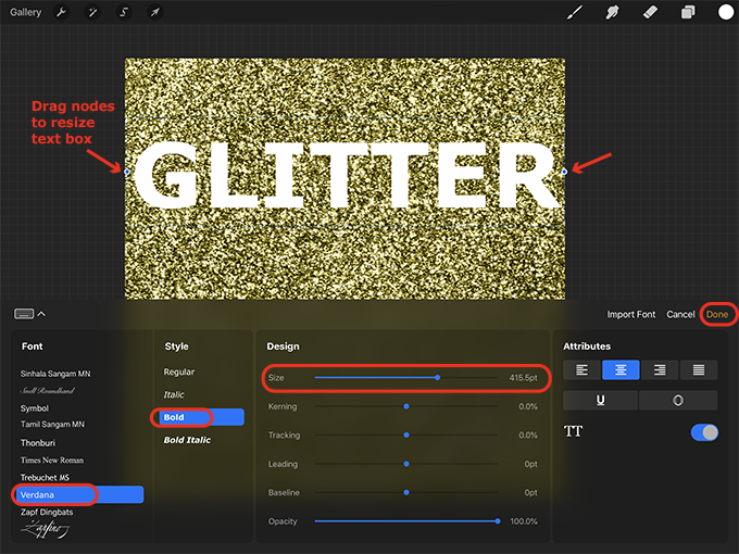 Gold glitter font and size