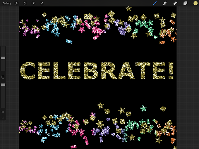 Celebrate Procreate glitter text and confetti