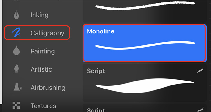 Choose the Monoline brush in the Calligraphy set