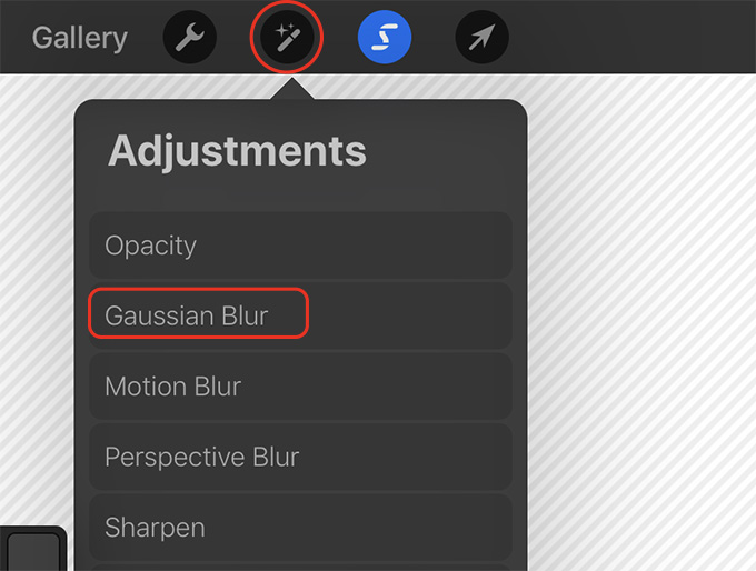 Tap on the adjustments button and tap Gaussian Blur