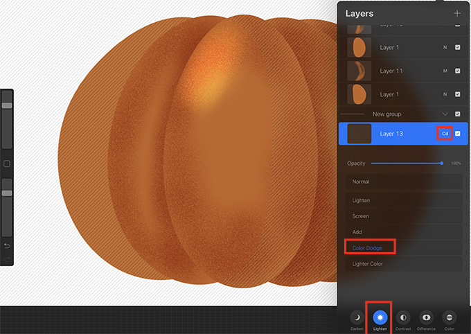Create a new layer and give it the Color Dodge blend mode to add a highlight to the left oval