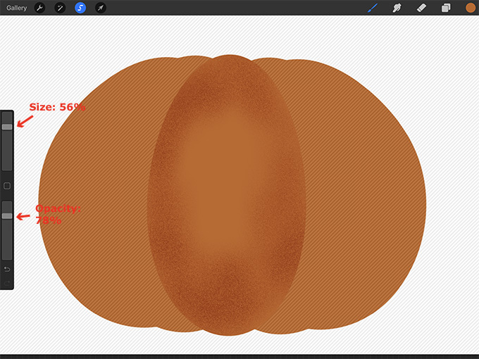 Change the size and opacity of the Noise brush and then add shading to the Original oval