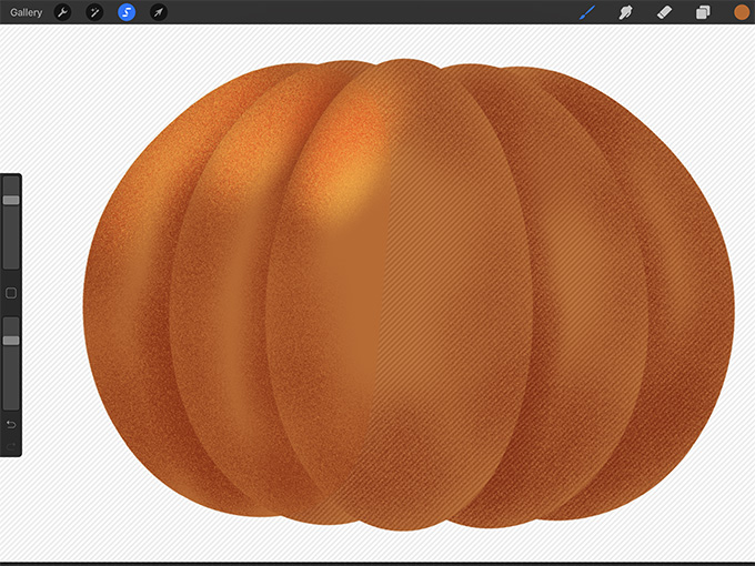 Add shading and highlights to the left side of the pumpkin