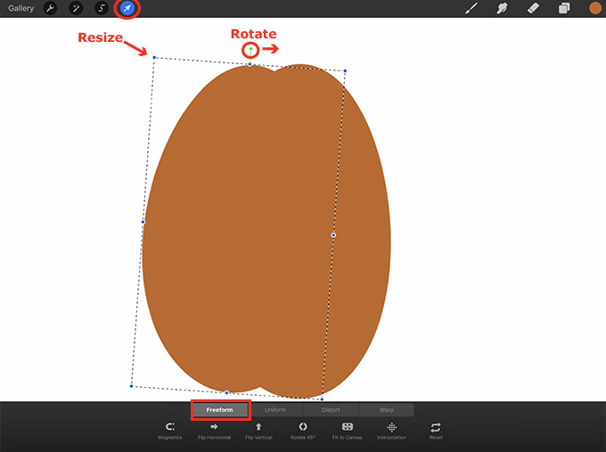 Tap on the arrow, tap Freeform, and resize and rotate the second oval