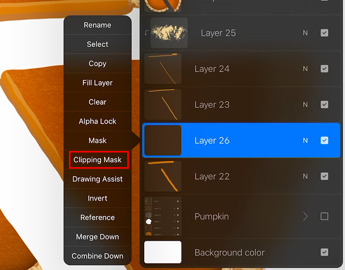 Create a new layer above the thick line layer and tap Clipping Mask