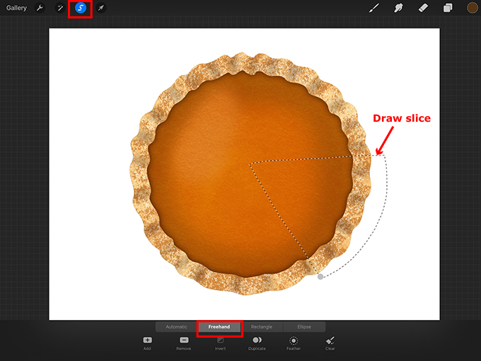 Draw a pumpkin pie slice with the Freehand selection tool
